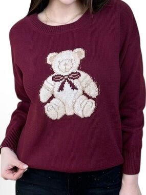 Blu Pepper Maroon Crewneck Sweater with Cream Teddy Motif